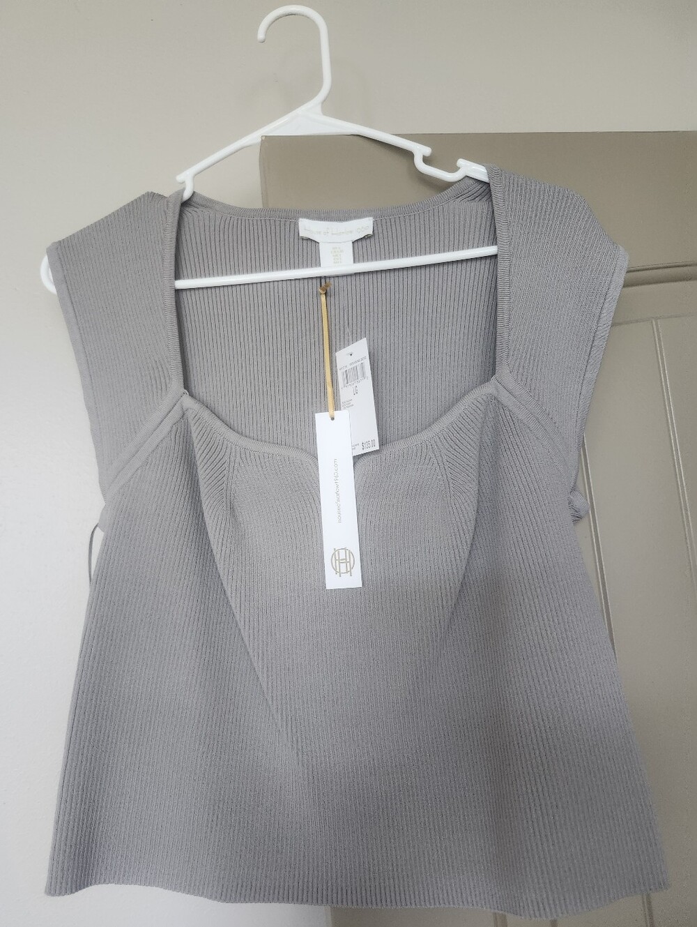 House Of Harlow-Ribbed Square Neck Knit Tank — Light Gray